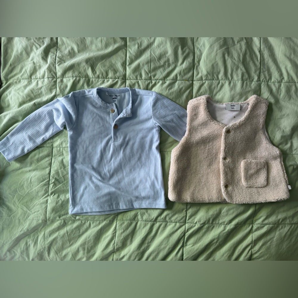 Kids Blue Henley Shirt and Cream Vest Set